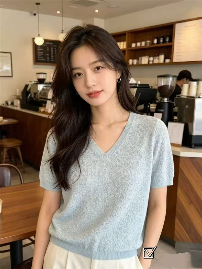 高级感V领莱赛尔天丝短袖针织衫女薄款宽松显瘦百搭T恤打底衫上衣,女装T恤,美轩羊绒