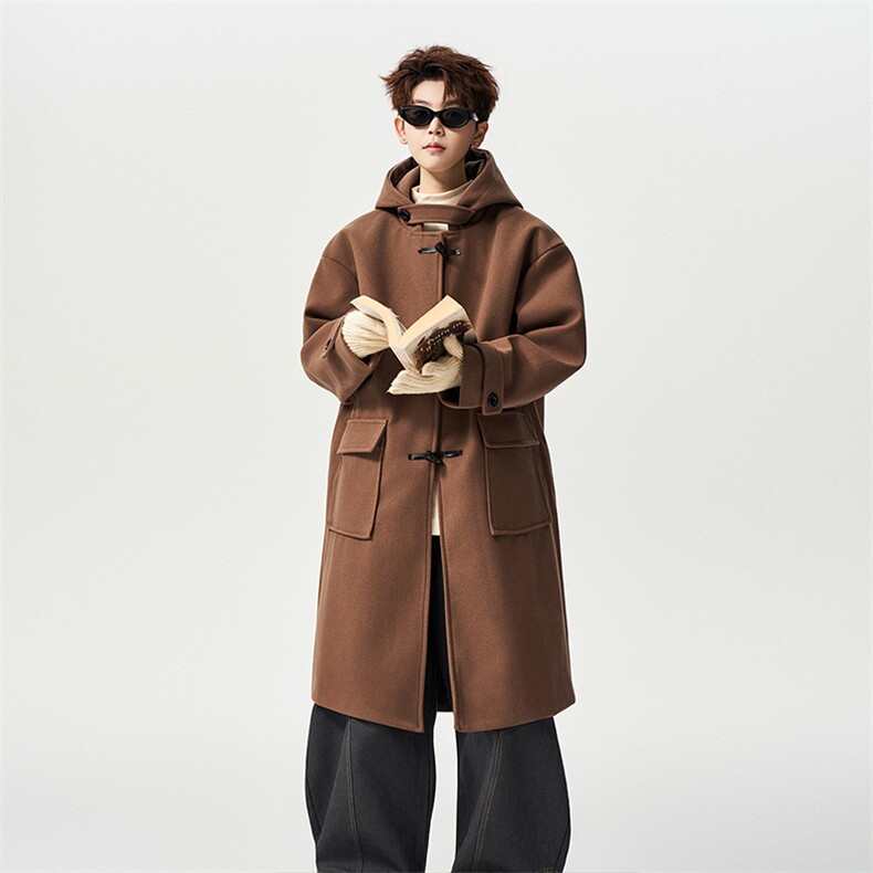 有长图牛角扣连帽毛呢大衣男冬宽松复古外套MN00706/P125加棉P135，男装毛呢大衣，电商B316