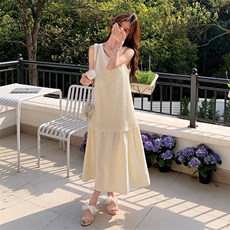 【现货】假两件无袖针织拼接米白色连衣裙2C158-8671-P130-K198，女装连衣裙，2C158