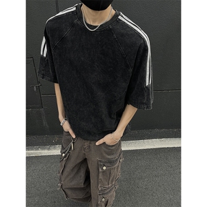 抖音得物高品质240克美式复古潮牌做旧水洗三条杠织带短袖T恤YQ45图片