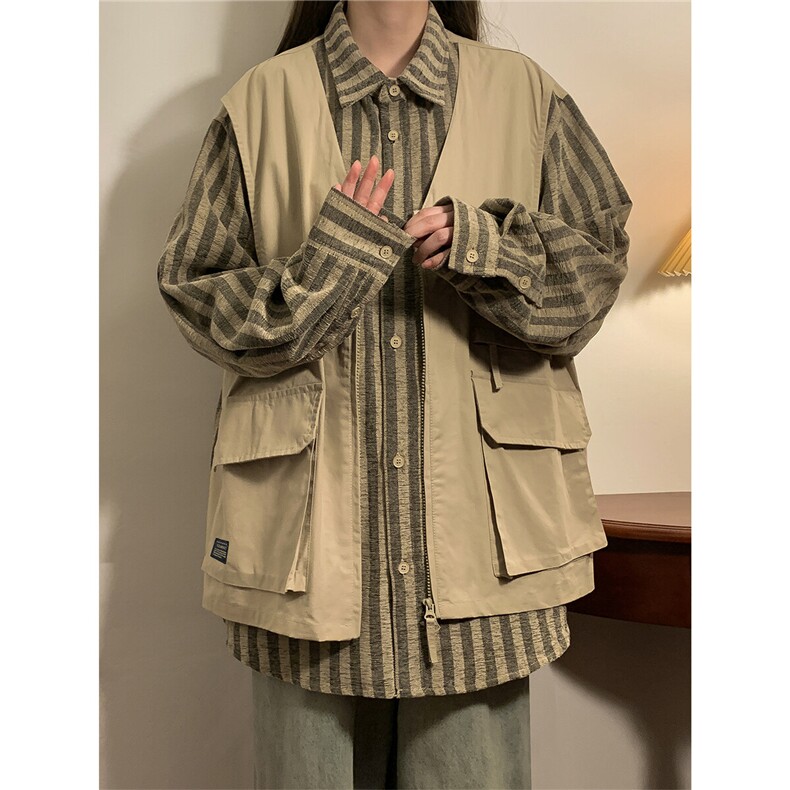 1中性假两件衬衫马甲潮流情侣女大码M-5XL夹克男77860特P68控108,男装夹克,星座226-2