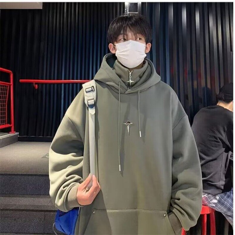 假两件连帽卫衣男春秋冬美式潮牌半拉链重磅男生外套痞帅高领上衣,男装卫衣,星座506A