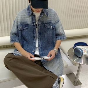 日系复古重工渐变复古宽松大版百搭显瘦牛仔短袖衬衫J1016 P58图片