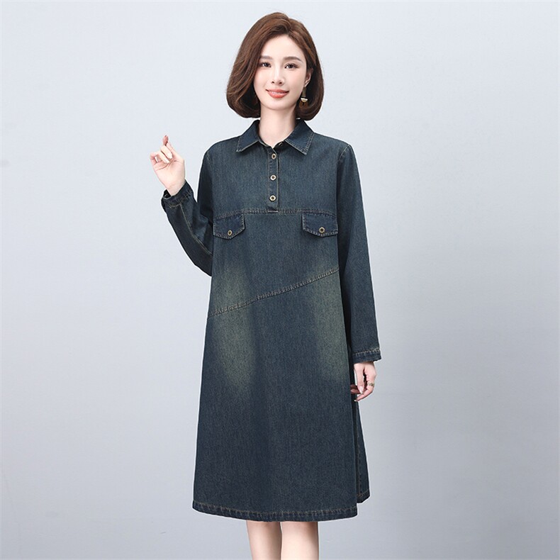 牛仔连衣裙女2025春秋新款休闲宽松遮肚时尚气质妈妈长袖翻领裙子,女装连衣裙,希欧阁