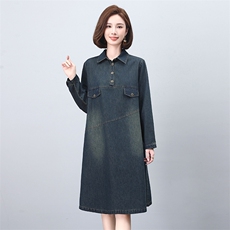 牛仔连衣裙女2025春秋新款休闲宽松遮肚时尚气质妈妈长袖翻领裙子，女装连衣裙，希欧阁