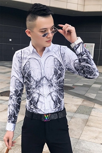 2021春秋衬衫社会男长袖上衣印花男装韩版修身四季潮流衬衣Q614-P55图片
