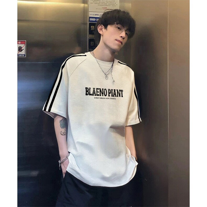 抖音得物高品质二开240克宽松纯棉美式潮牌三条杠织带短袖T恤，男装T恤，电商A486