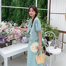 现货：复古泡泡袖松紧高腰牛仔套装2C105-8858-P140-K198，女装套装/套裙，2C105