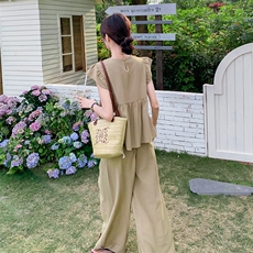 ：夏装新款小香减龄小飞袖上衣＋阔腿裤2C135-5085P135K198，女装套装/套裙，2C135