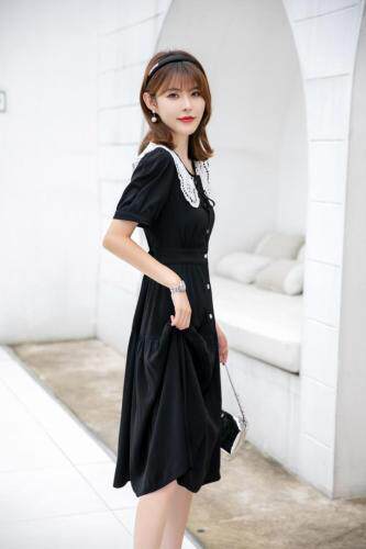 夏季新款气质淑女蕾丝白领黑色连衣裙，女装连衣裙，水锦红