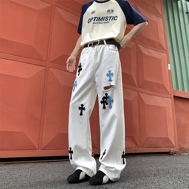 新款贴皮破洞牛仔裤夏季潮流宽松百搭直筒裤，男装皮裤，星座410-6（原星座1304-1）