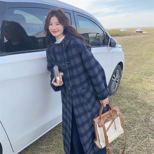深蓝色复古格纹双面呢连帽大衣女2025秋学院风宽松休闲中长款外套图片