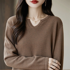 高品质100纯棉线V领针织衫女宽松显瘦加厚打底衫春秋新款全棉上衣，女装针织衫/毛衣，丹芙娇羊绒