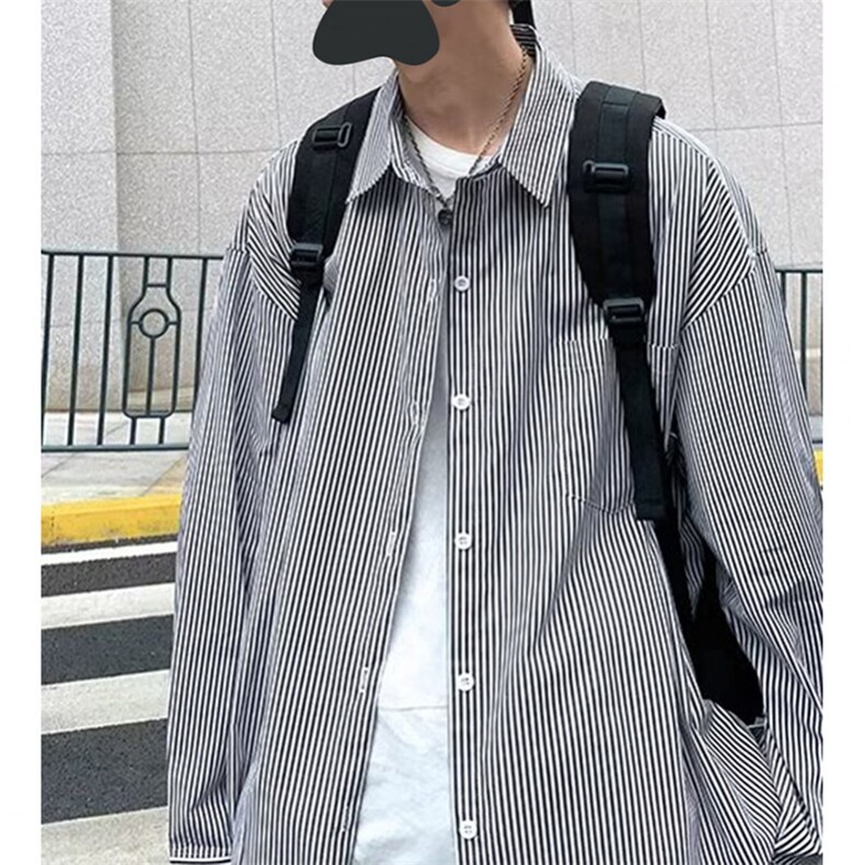 日系宽松长袖条纹衬衣男韩版百搭春秋季港风长袖衬衣外套,男装衬衫,星座1108-5
