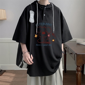 LD5434-P45 连帽短袖t恤男大码胖子带帽五分袖中袖图片