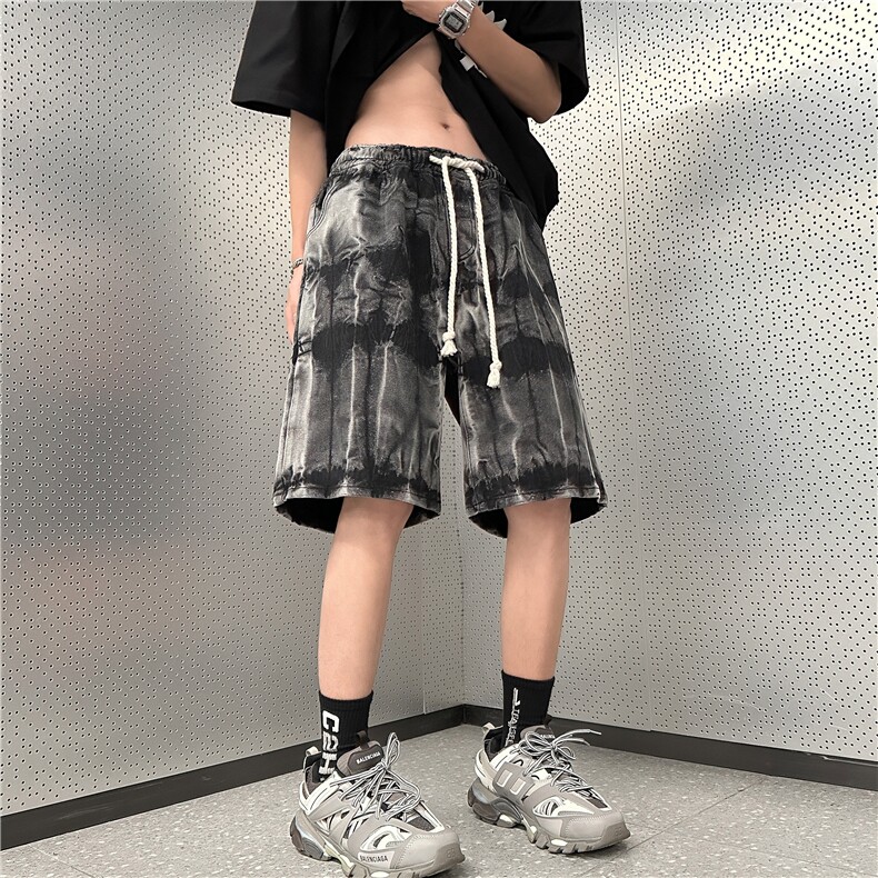美式扎染水洗牛仔裤中裤宽松系带松紧短裤B315-K23238-P45控58,男装牛仔裤,电商B315