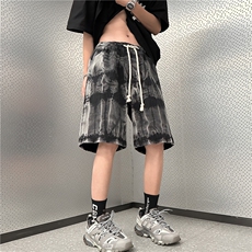 美式扎染水洗牛仔裤中裤宽松系带松紧短裤B315-K23238-P45控58，男装牛仔裤，电商B315