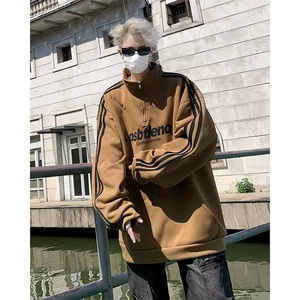 美式复古半拉链卫衣春秋款条纹高街男潮外套重磅立领上衣 Q39图片