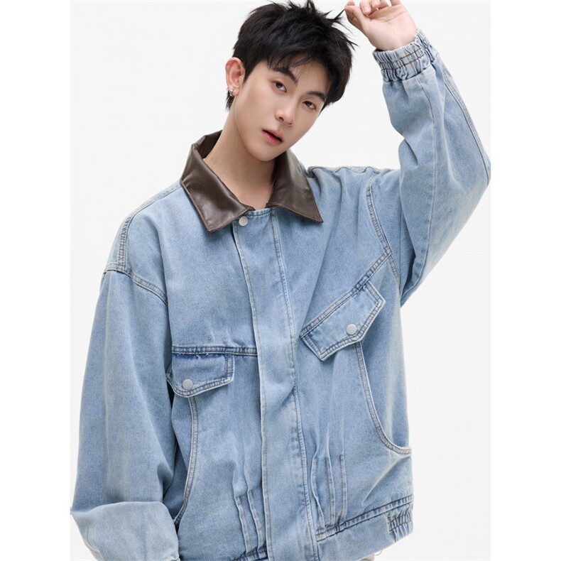 美式复古水洗做旧翻领拼接牛仔外套潮流休闲夹克，男装工装外套，星座410-6（原星座1304-1）