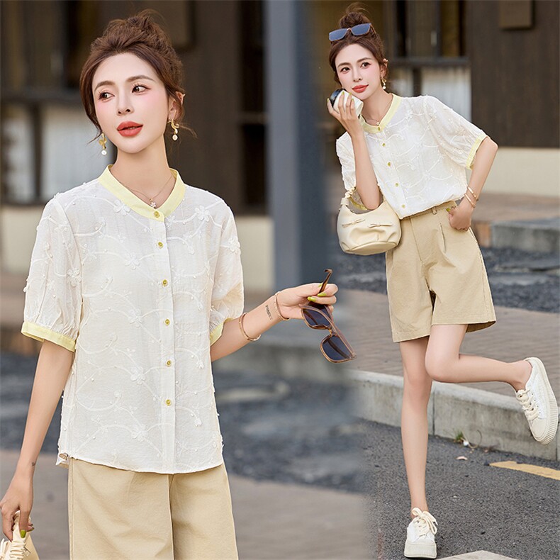 2025夏季新款立体小花刺绣撞色圆领衬衫上衣，女装衬衫，深水步