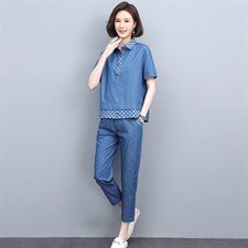 休闲妈妈洋气套装2022夏新款大码牛仔上衣裤子两件套，女装套装/套裙，忆绮罗
