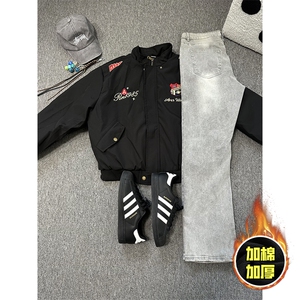 现货高品质美式高街重磅刺绣座山雕大毛毛领棉衣男女加厚棉服外套图片