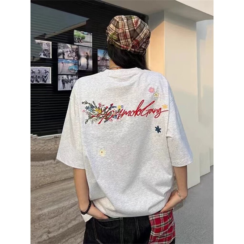 网图有货 美式夏季手写花卉刺绣短袖T恤男女宽松情侣上衣A466-P30图片