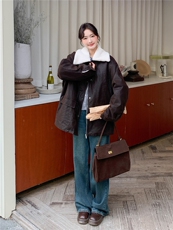 新款（出货）高克重一体绒PU皮派克服2B156-813-P265-K398，女装短外套，2B156