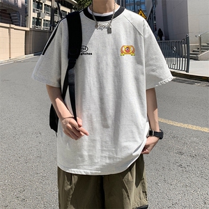 夏季美式高街重磅纯棉三条杠织带撞色男女短袖T恤ZD613-特P30图片