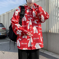 长袖日常春季标准兔子红色喜庆动物新款原宿潮百搭C647P30，男装衬衫，星座1116-2