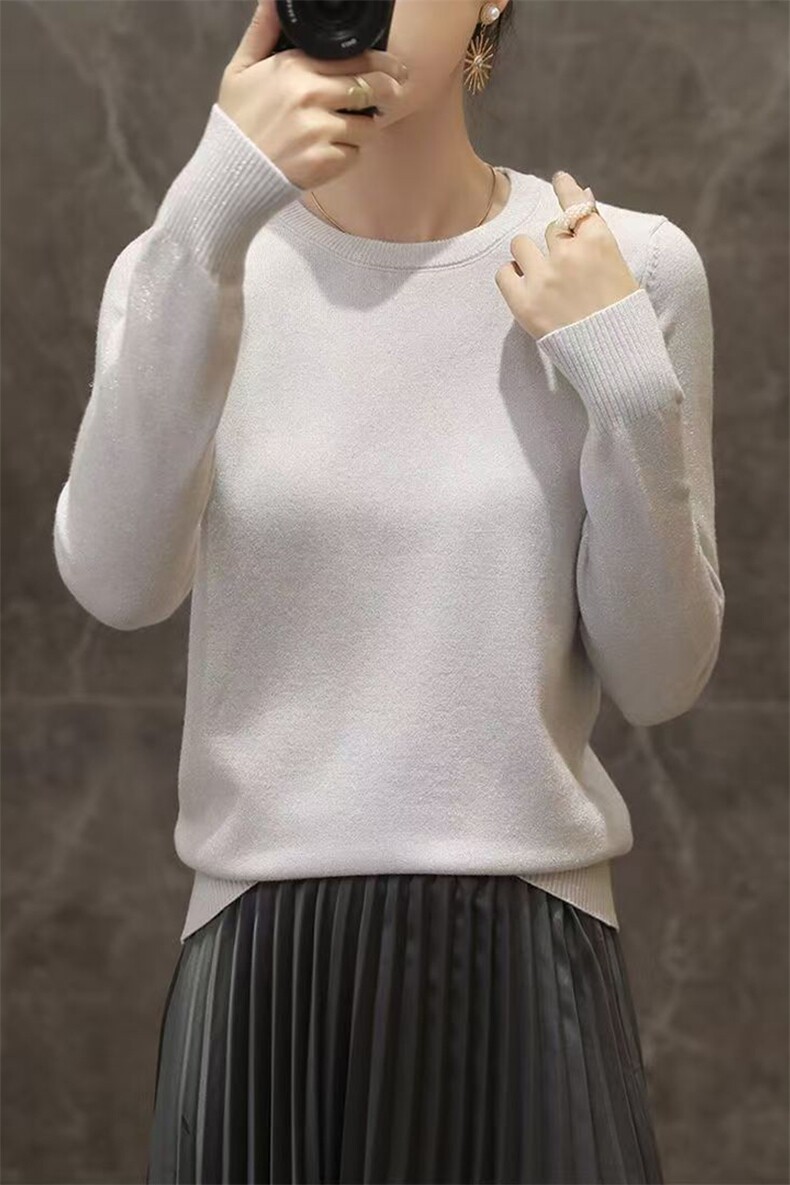 春季新款针织衫女金银丝圆领长袖毛衫宽松针织衫打底衫,女装羊毛衫,唯若美羊绒