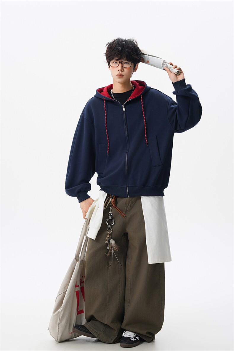 8XL-M秋连帽卫衣男宽松休闲纯色拉链开衫外套拼色帽衫运动WY27P65,女装短外套,电商D206-1