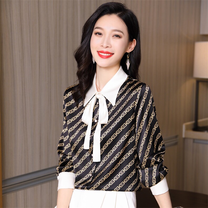 气质系带重磅真丝衬衫女2026春新款撞色拼接真丝条纹上衣A3555,女装衬衫,阿舍尔精品