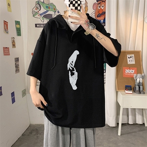 LD54147-P45 连帽短袖t恤男大码胖子带帽五分袖中袖 海报风图片