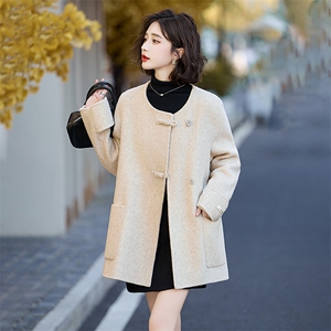 无领双面羊绒大衣女2024秋冬新款大气优雅减龄小香风羊毛呢子外套图片