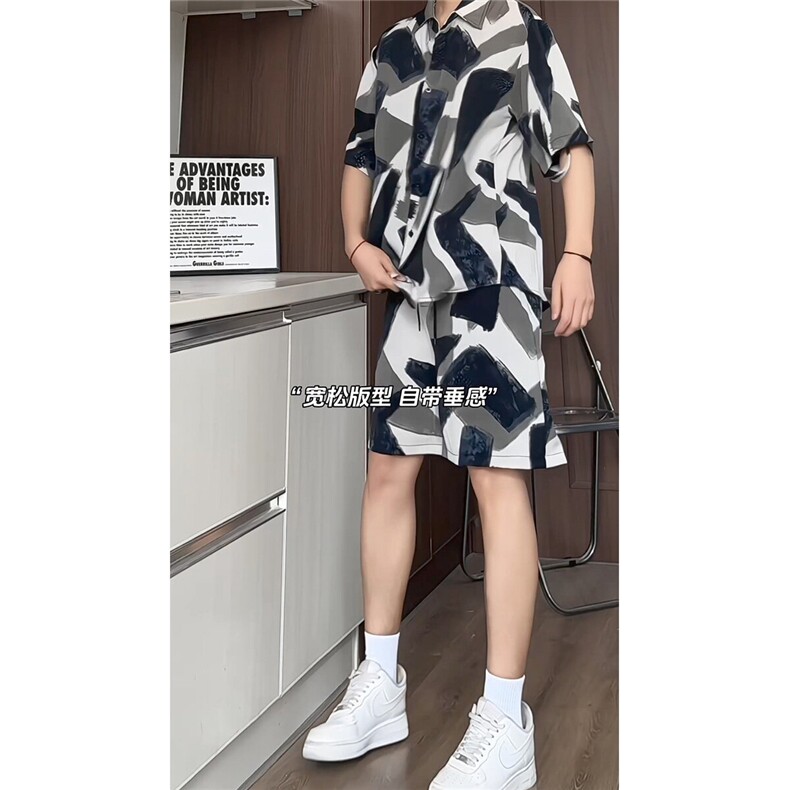 短袖衬衫男+短裤男潮流休闲套装男M-5XL大码TZ78704P50控98模特图,男装休闲套装,星座226-1