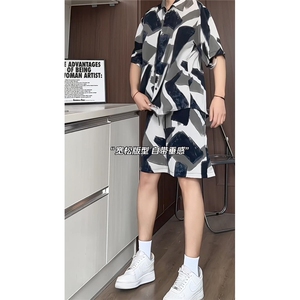 短袖衬衫男+短裤男潮流休闲套装男M-5XL大码TZ78704P50控98模特图图片