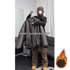 网图慎用连帽防水加厚皮衣男宽松皮棉衣棉服男女同款M8008-P105，男装皮衣，电商A006