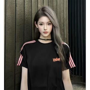 抖音得物品质二开240克宽松纯棉美式潮牌印花三条杠中性风短袖T恤图片