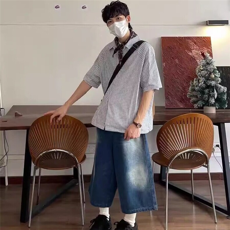 复古格纹短袖衬衫男夏季日系宽松休闲格子衬衣新款翻领半袖上衣,男装T恤,星座218-1（原230）