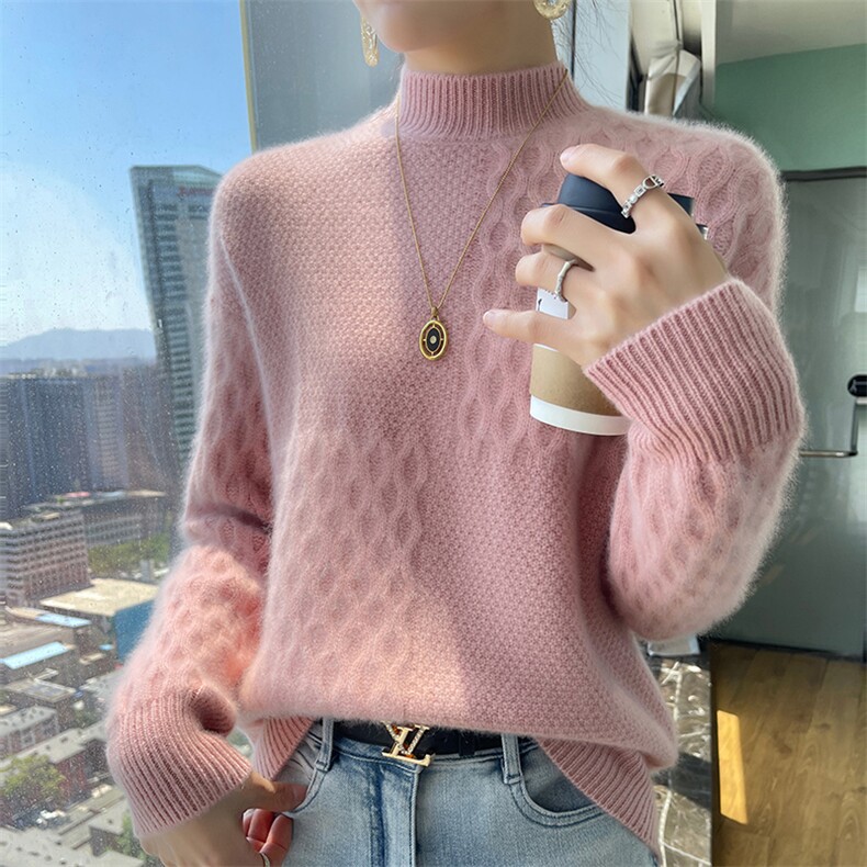 麻花加厚半高领女2024秋冬装新款针织衫羊毛衫,女装羊毛衫,百越羊绒