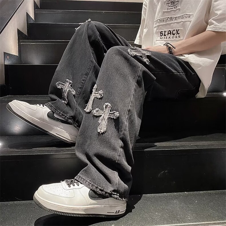 现货秋季美式十字架复古牛仔裤男高街ins潮流直筒长裤K6085-P40,男装牛仔裤,星座512-3