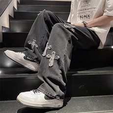 现货秋季美式十字架复古牛仔裤男高街ins潮流直筒长裤K6085-P40，男装牛仔裤，星座512-3