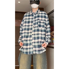港风宽松长袖衬衫格子衬衣文艺青年穿搭KD611-P45控68，男装衬衫，电商D312-1