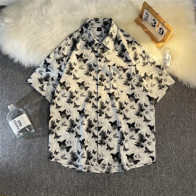 b413-1-CS340冰丝蝴蝶印花短袖衬衫男夏季痞帅休闲衬衣男,男装衬衫,电商B413-1