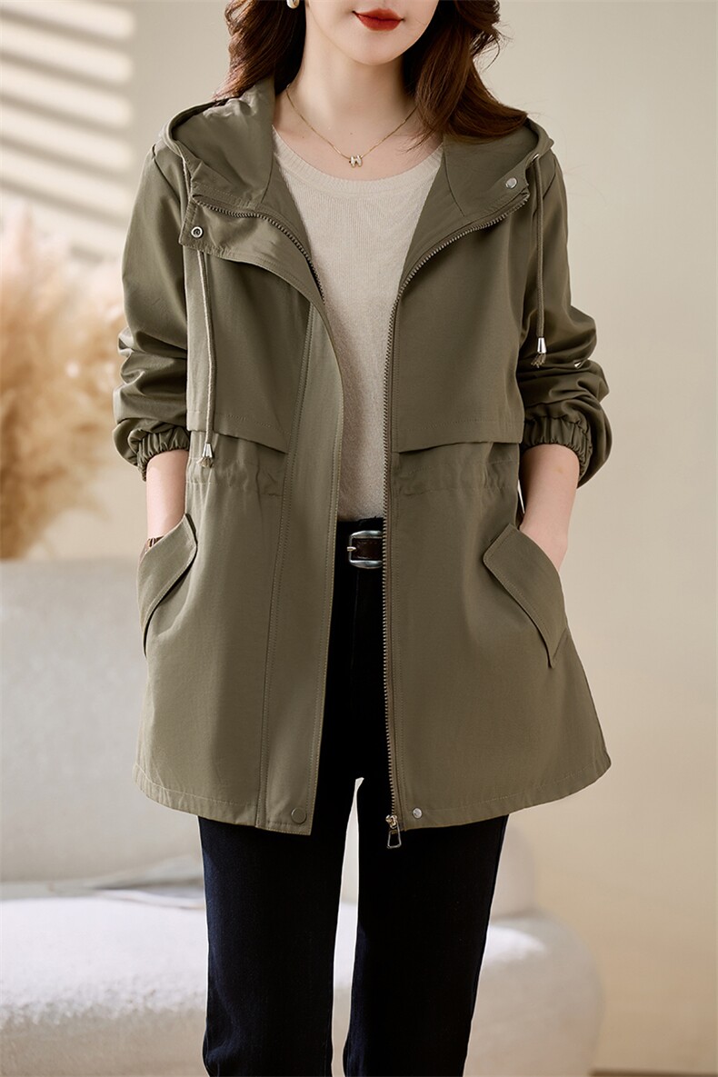 高级感休闲百搭短款风衣女2025春秋新款抽绳收腰显瘦工装连帽外套,女装风衣,慕咨