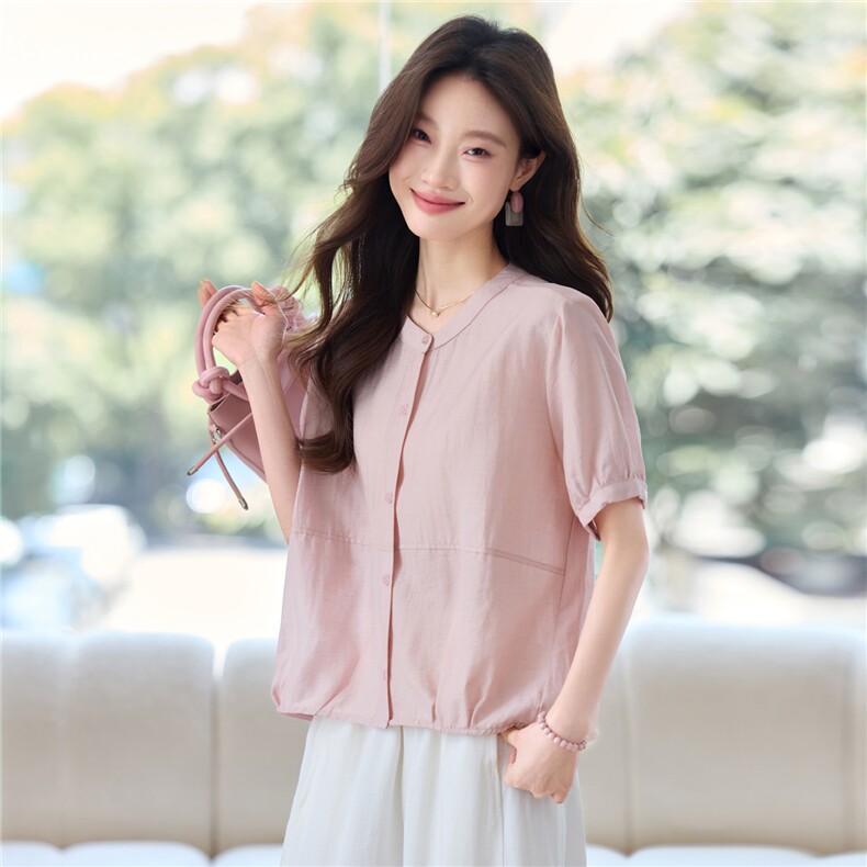 天丝短袖衬衫女夏季2025年新款妈妈休闲时尚减龄气质圆领小衫上衣,女装衬衫,木子恋