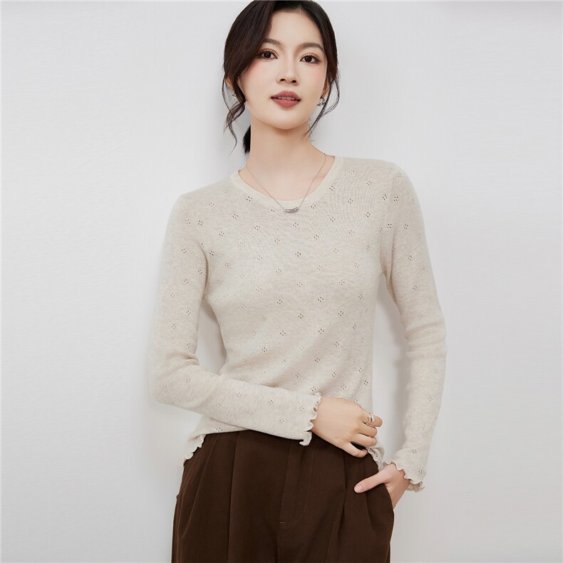 2025年秋季新款镂空针织女士上衣时尚休闲通勤百搭，女装针织衫/毛衣，硕诚羊绒