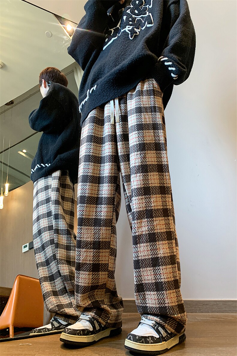 8XL-M特大码加厚毛呢料格子休闲裤宽松男裤毛呢裤K946P60加绒P70,男装休闲裤,电商D206-1