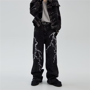 有货青年美式街头荆棘刺绣牛仔裤男女小众潮流百搭宽松直筒阔腿裤图片